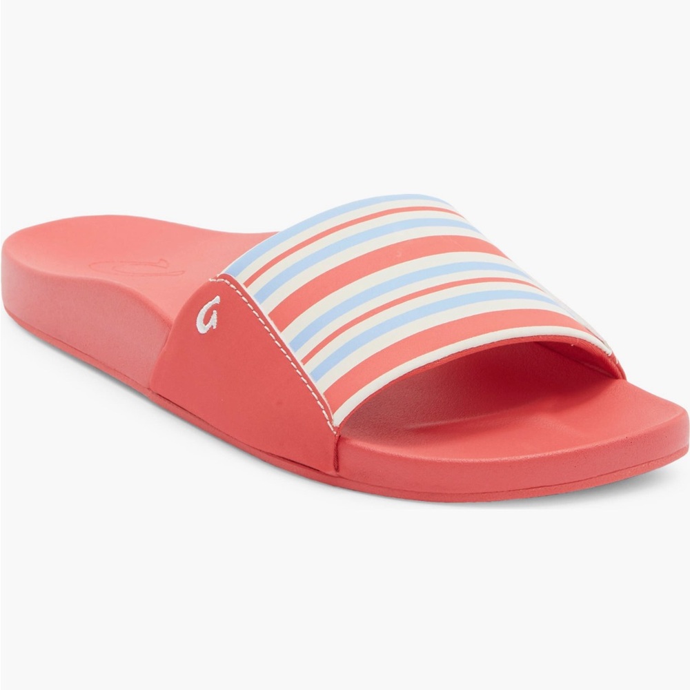 OluKai Kipuni Lehua Flower/Stripe Slide - Coral Multicolor Sz 10 NEW with Box🏖️🌺